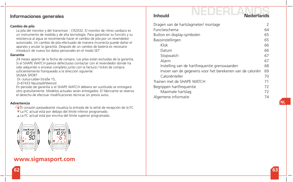 Nederlands, Inhould, Informaciones generales | SIGMA Shape Watch User Manual | Page 34 / 40