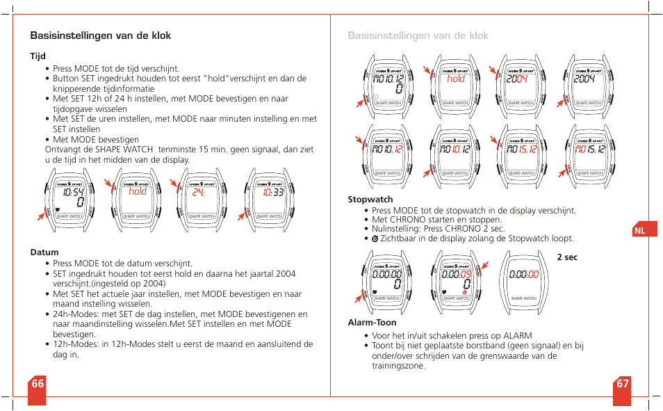 Basisinstellingen van de klok, 0hold, Hold | SIGMA Shape Watch User Manual | Page 36 / 40