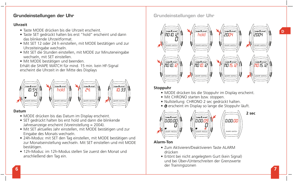 Grundeinstellungen der uhr, 0hold, Hold | SIGMA Shape Watch User Manual | Page 6 / 40