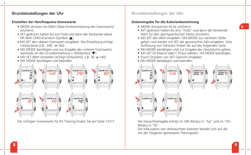 Grundeinstellungen der uhr, Hold, Dateneingabe für die kalorienberechnung d | SIGMA Shape Watch User Manual | Page 7 / 40