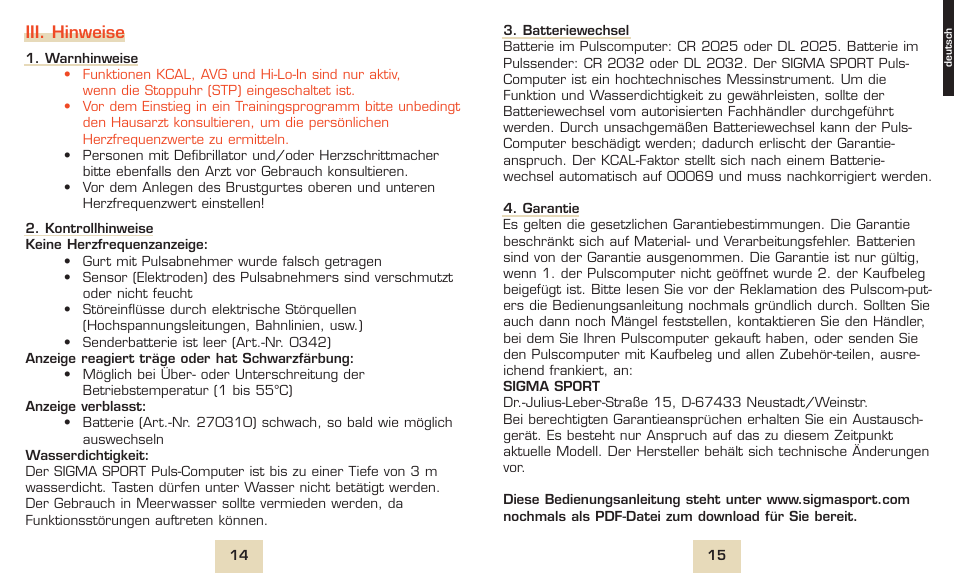 Iii. hinweise | SIGMA PC 1600 User Manual | Page 10 / 46