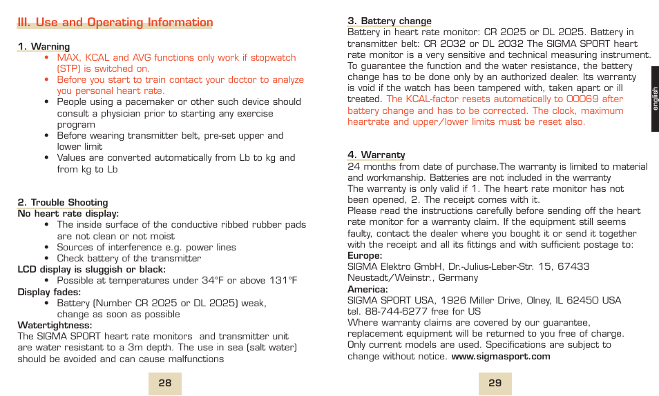 Iii. use and operating information | SIGMA PC 1600 User Manual | Page 17 / 46