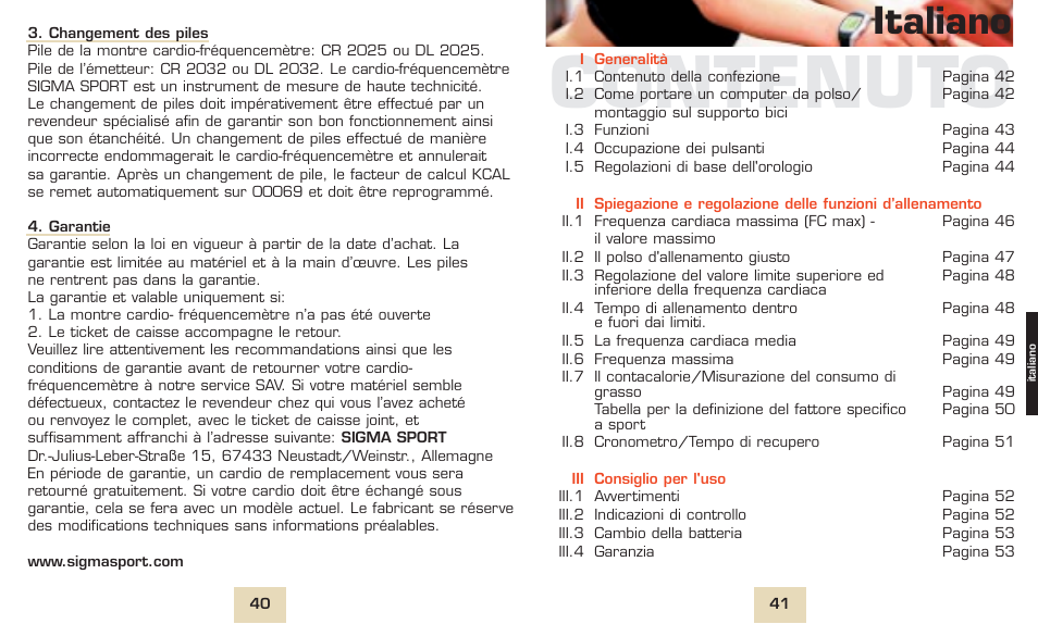 Contenuto, Italiano | SIGMA PC 1300 User Manual | Page 23 / 42