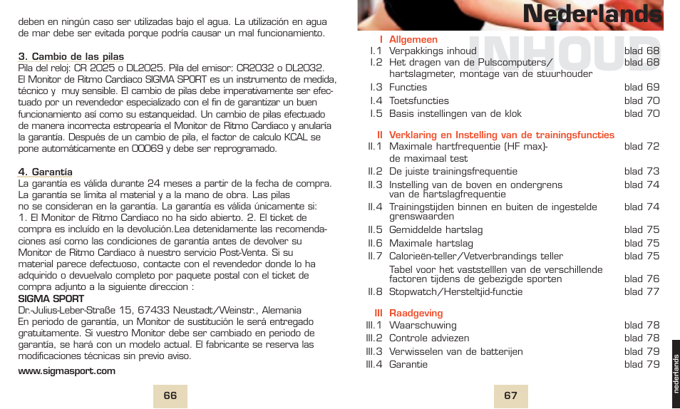 Inhoud, Nederlands | SIGMA PC 1300 User Manual | Page 36 / 42