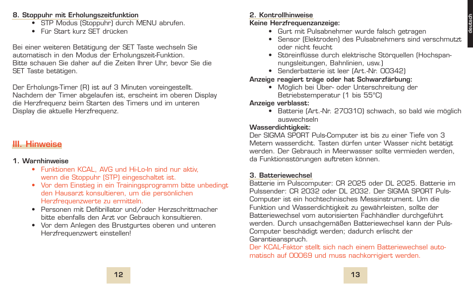 Iii. hinweise | SIGMA PC 1300 User Manual | Page 9 / 42