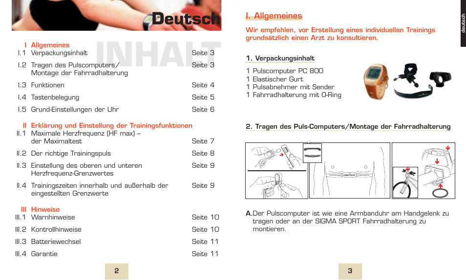 Inhalt, Deutsch | SIGMA PC 800 User Manual | Page 2 / 32