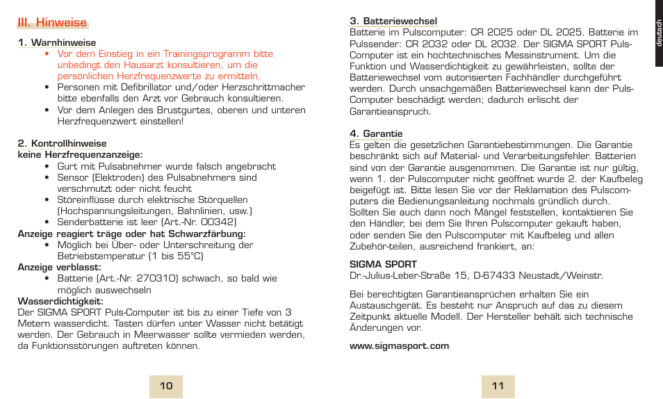 Iii. hinweise | SIGMA PC 800 User Manual | Page 6 / 32