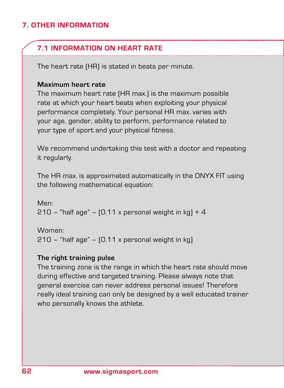 SIGMA ONYX FIT User Manual | Page 62 / 208