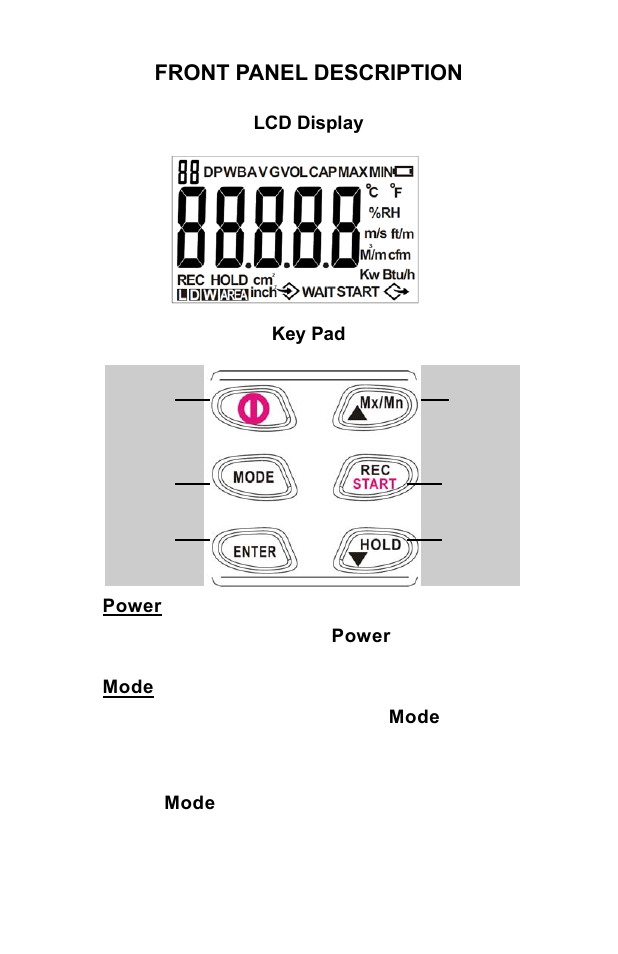 Front panel description | Sper Scientific 840034 Psychrometer - Anemometer User Manual | Page 4 / 24