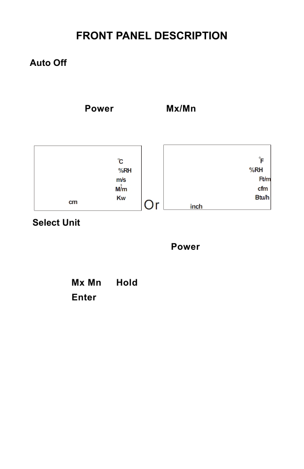 Front panel description | Sper Scientific 840034 Psychrometer - Anemometer User Manual | Page 6 / 24
