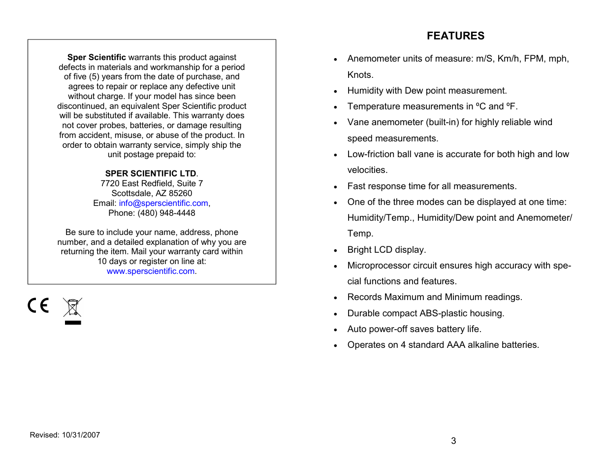 Sper Scientific 850021 Anemometer RH Pen User Manual | Page 3 / 8