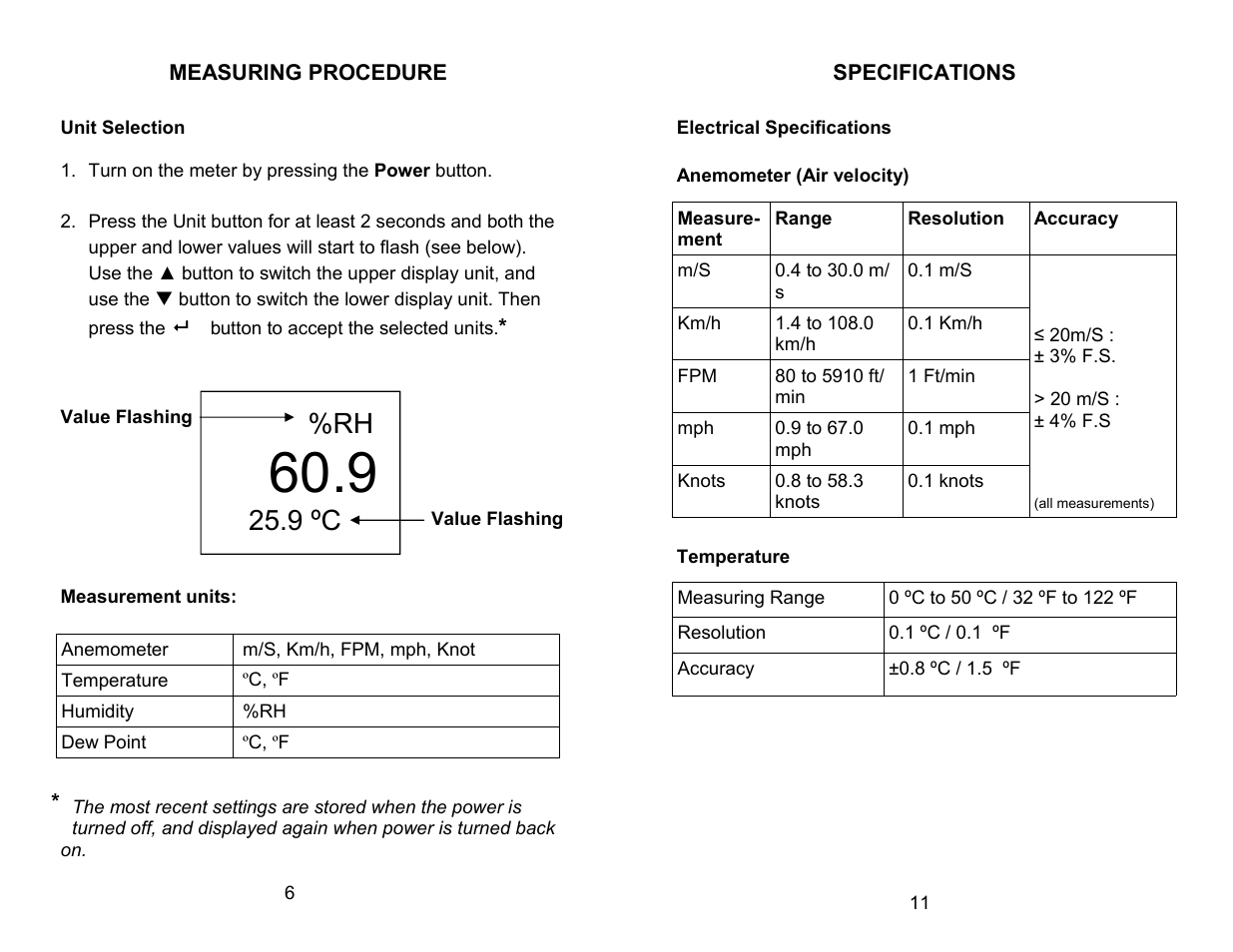 9 ºc | Sper Scientific 850021 Anemometer RH Pen User Manual | Page 6 / 8