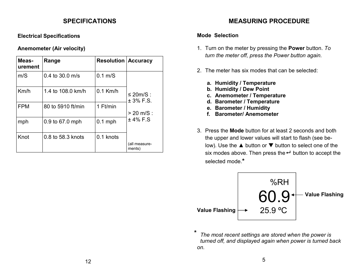 9 ºc | Sper Scientific 850022 Anemometer RH Barometer Pen User Manual | Page 5 / 8