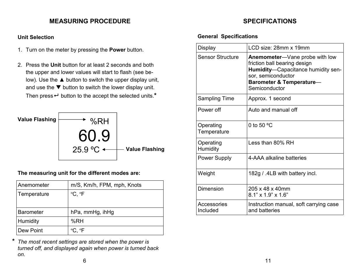 9 ºc | Sper Scientific 850022 Anemometer RH Barometer Pen User Manual | Page 6 / 8