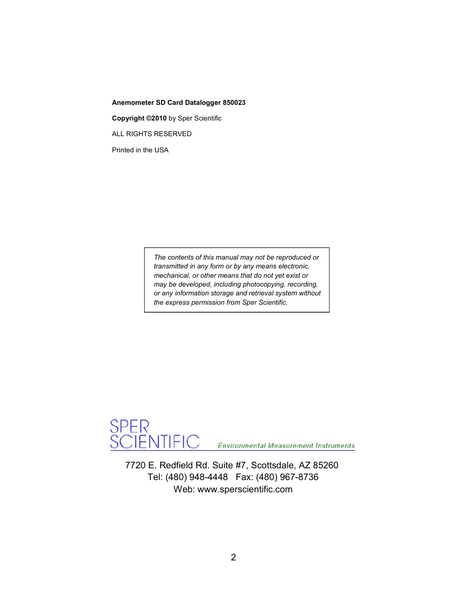 Sper Scientific 850023 Anemometer SD Card Logger User Manual | Page 2 / 32