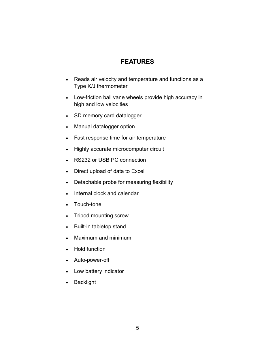 Features | Sper Scientific 850023 Anemometer SD Card Logger User Manual | Page 5 / 32