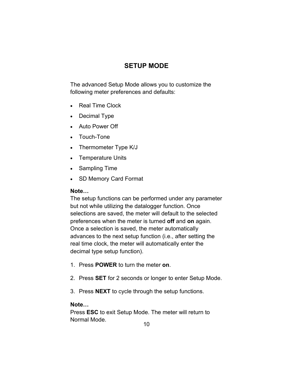 Setup mode | Sper Scientific 850024 Hot Wire Anemometer SD Card Logger User Manual | Page 10 / 32