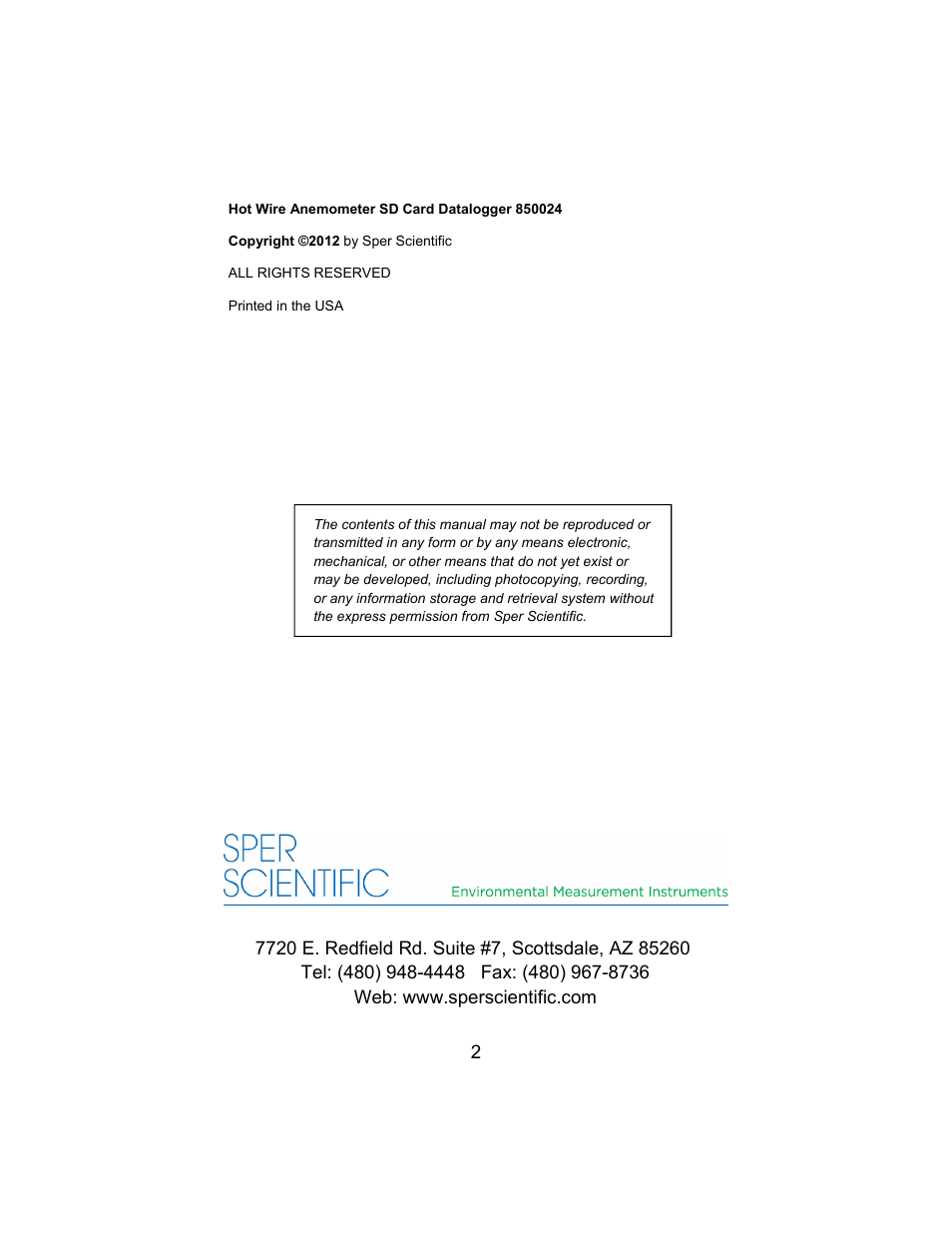 Sper Scientific 850024 Hot Wire Anemometer SD Card Logger User Manual | Page 2 / 32
