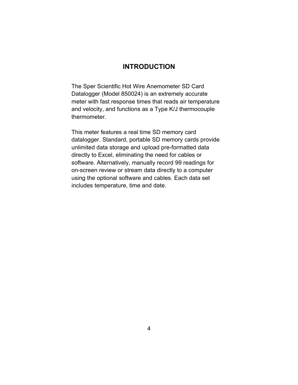 Sper Scientific 850024 Hot Wire Anemometer SD Card Logger User Manual | Page 4 / 32