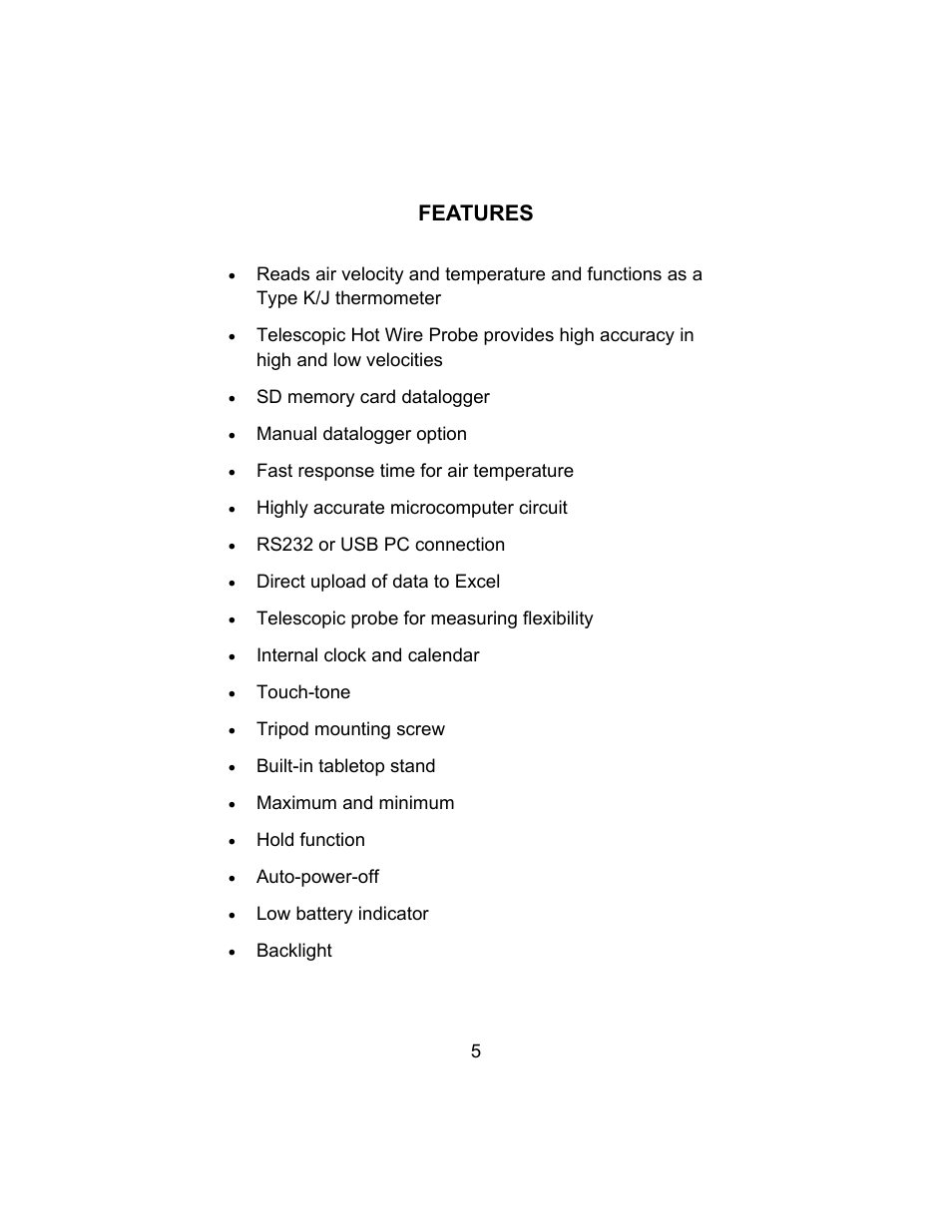 Features | Sper Scientific 850024 Hot Wire Anemometer SD Card Logger User Manual | Page 5 / 32