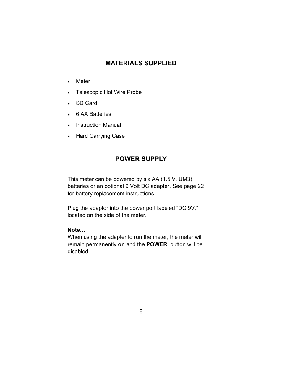 Materials supplied, Power supply | Sper Scientific 850024 Hot Wire Anemometer SD Card Logger User Manual | Page 6 / 32