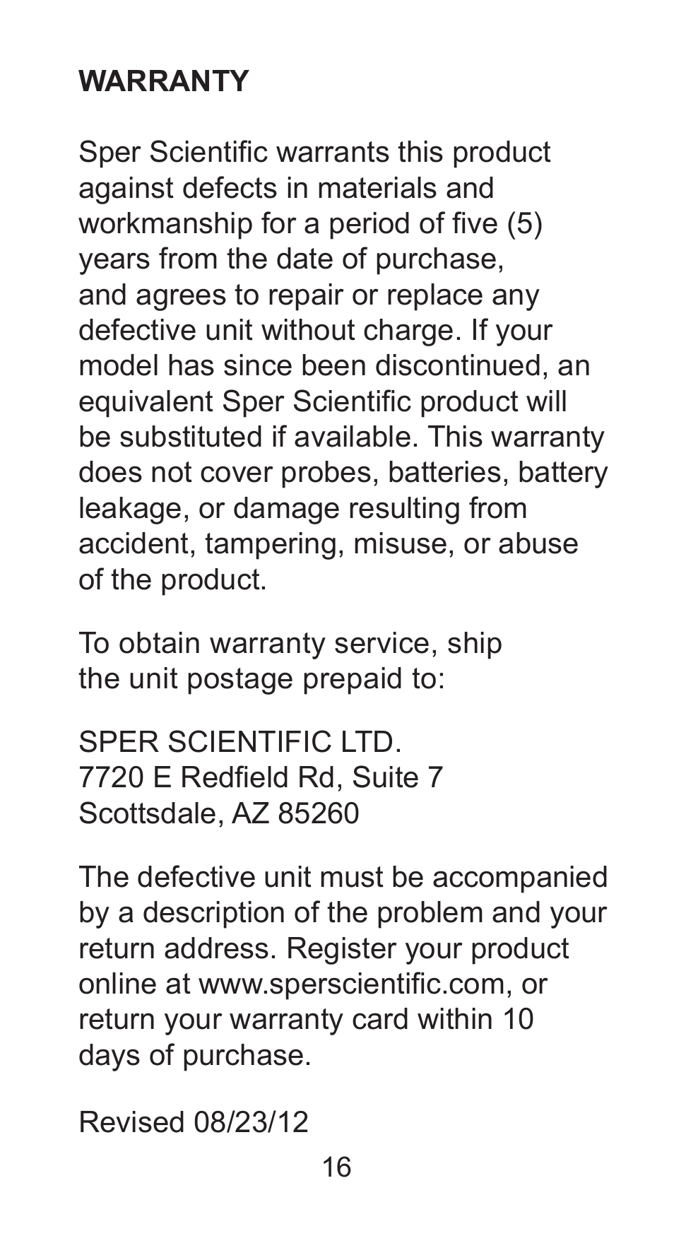 Sper Scientific 850025 Mini Environmental Quality Meter User Manual | Page 16 / 16