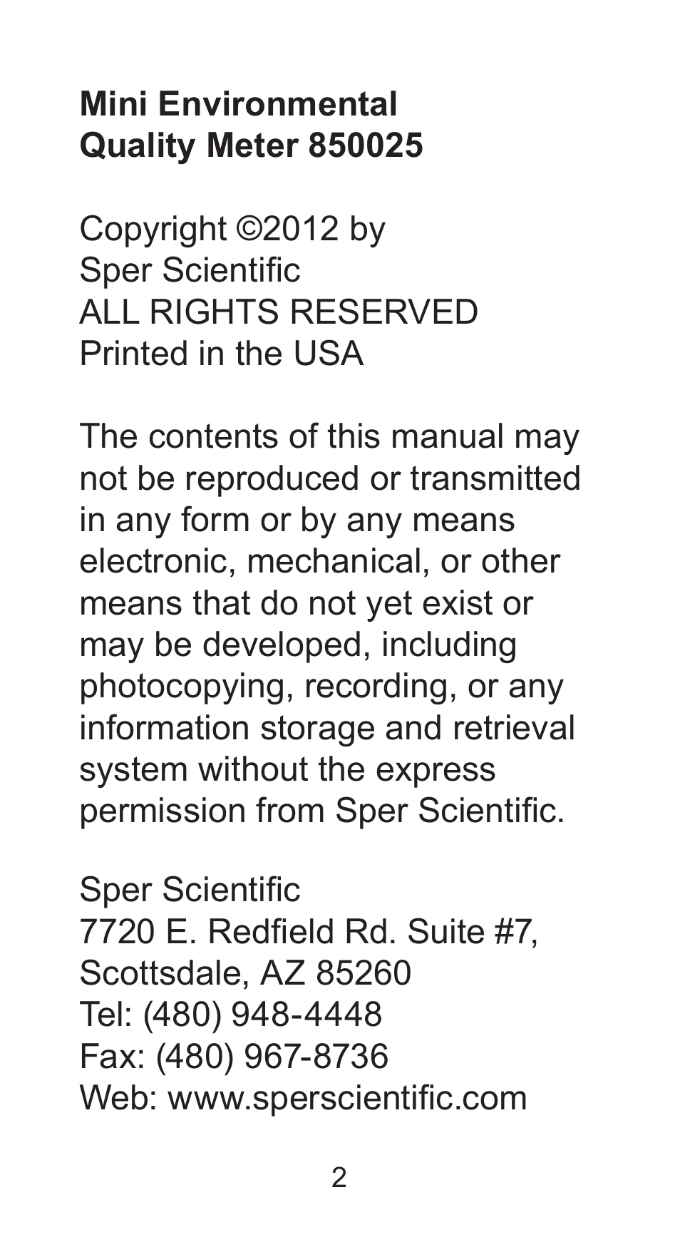 Sper Scientific 850025 Mini Environmental Quality Meter User Manual | Page 2 / 16