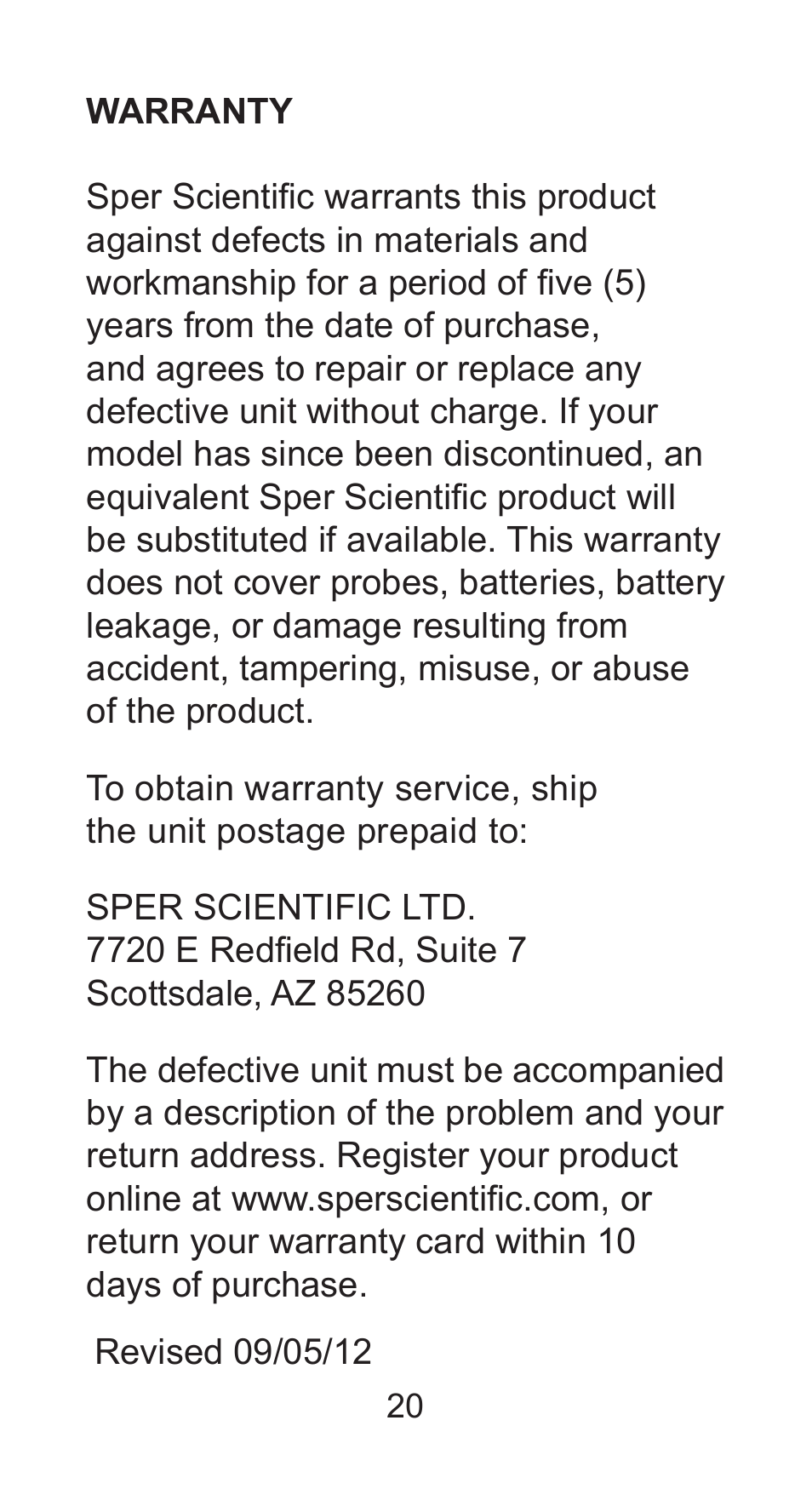 Sper Scientific 850026 Mini Environmental Quality Meter User Manual | Page 20 / 20