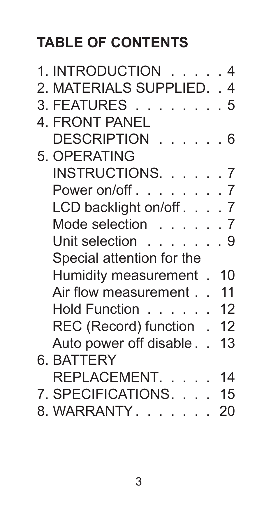 Sper Scientific 850026 Mini Environmental Quality Meter User Manual | Page 3 / 20