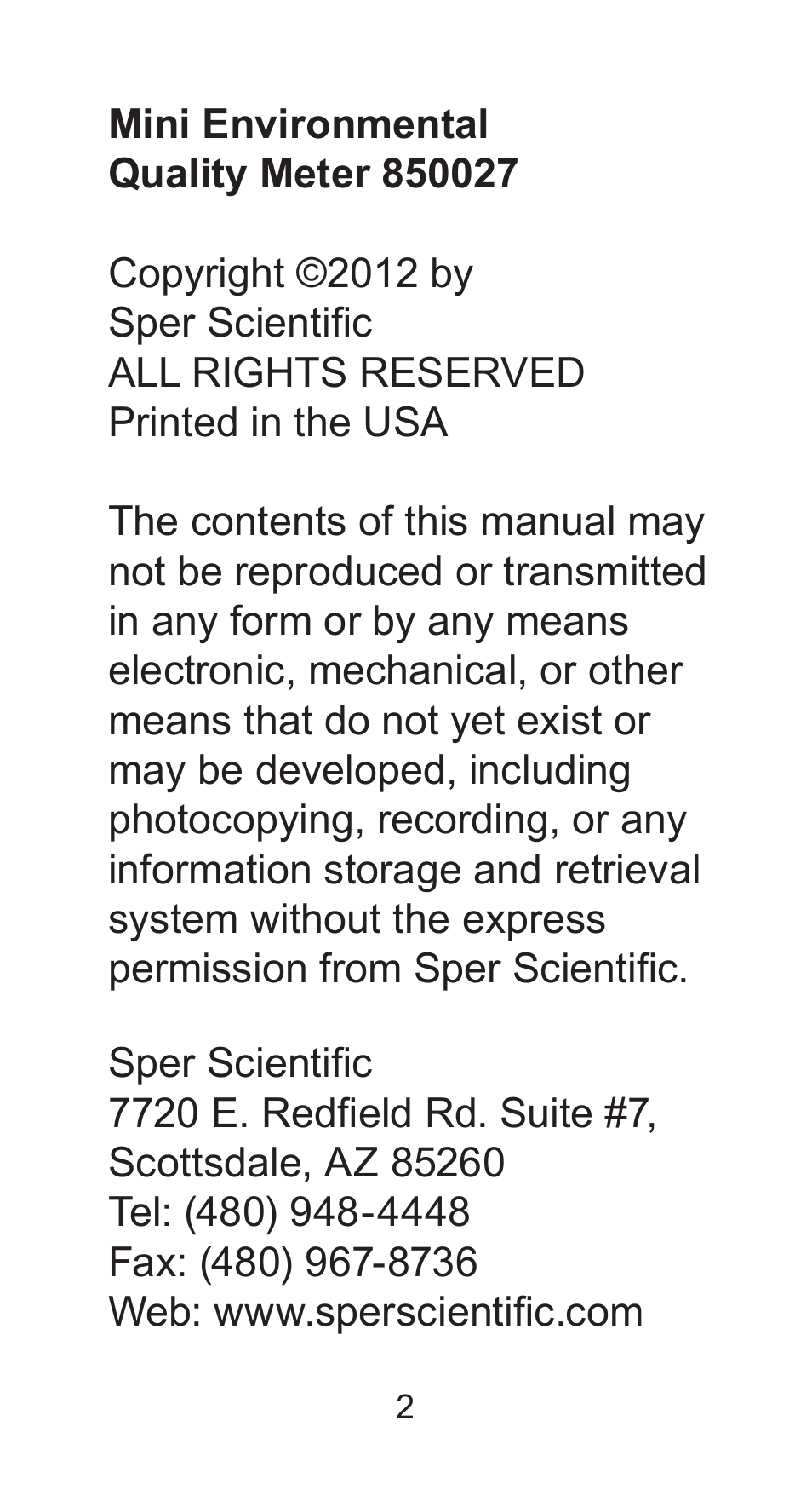 Sper Scientific 850027 Mini Environmental Quality Meter User Manual | Page 2 / 28