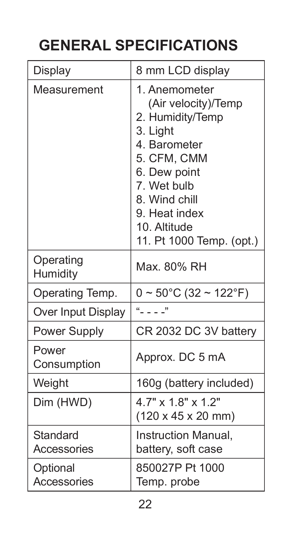 General specifications | Sper Scientific 850027 Mini Environmental Quality Meter User Manual | Page 22 / 28