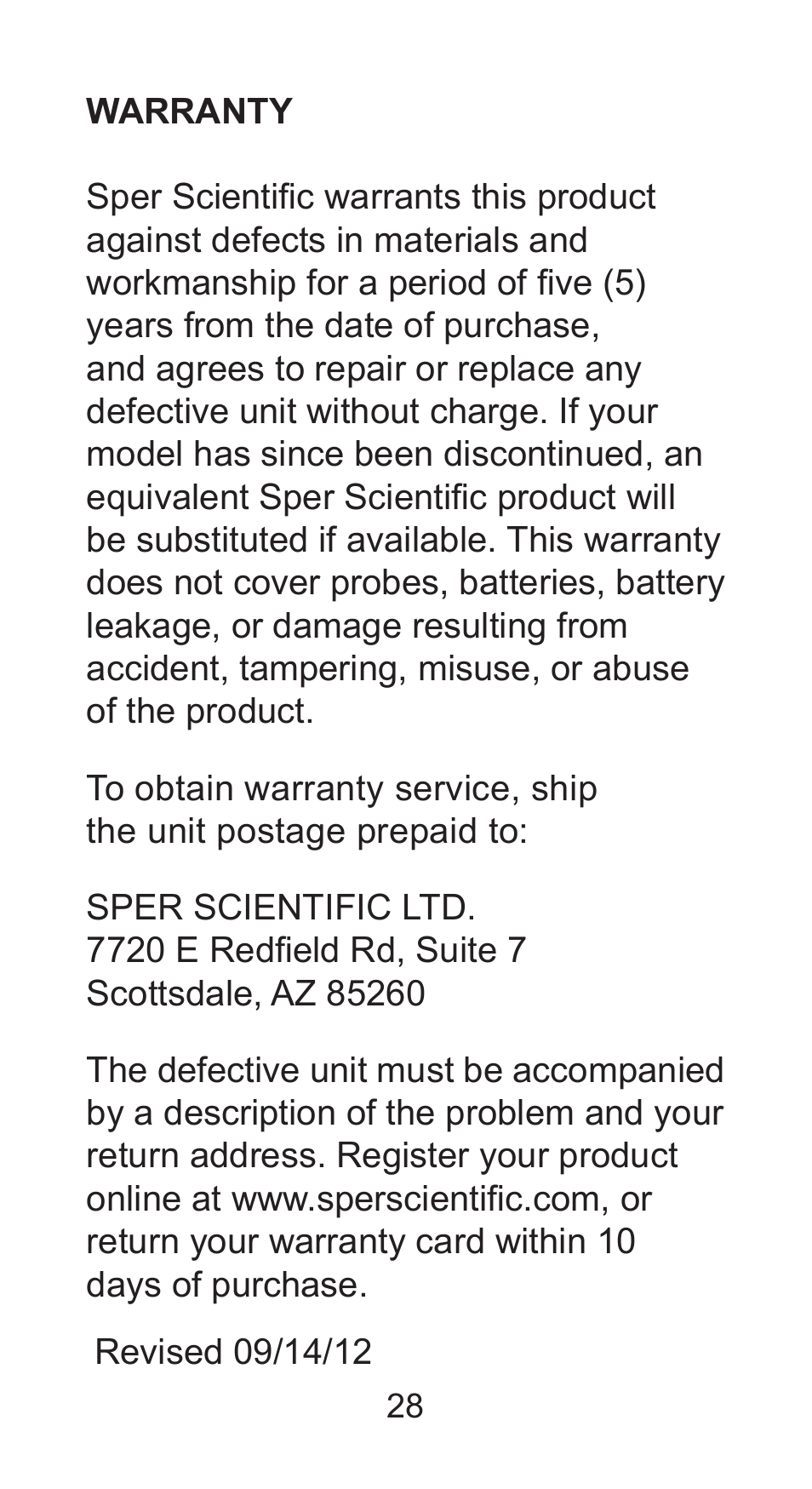 Sper Scientific 850027 Mini Environmental Quality Meter User Manual | Page 28 / 28