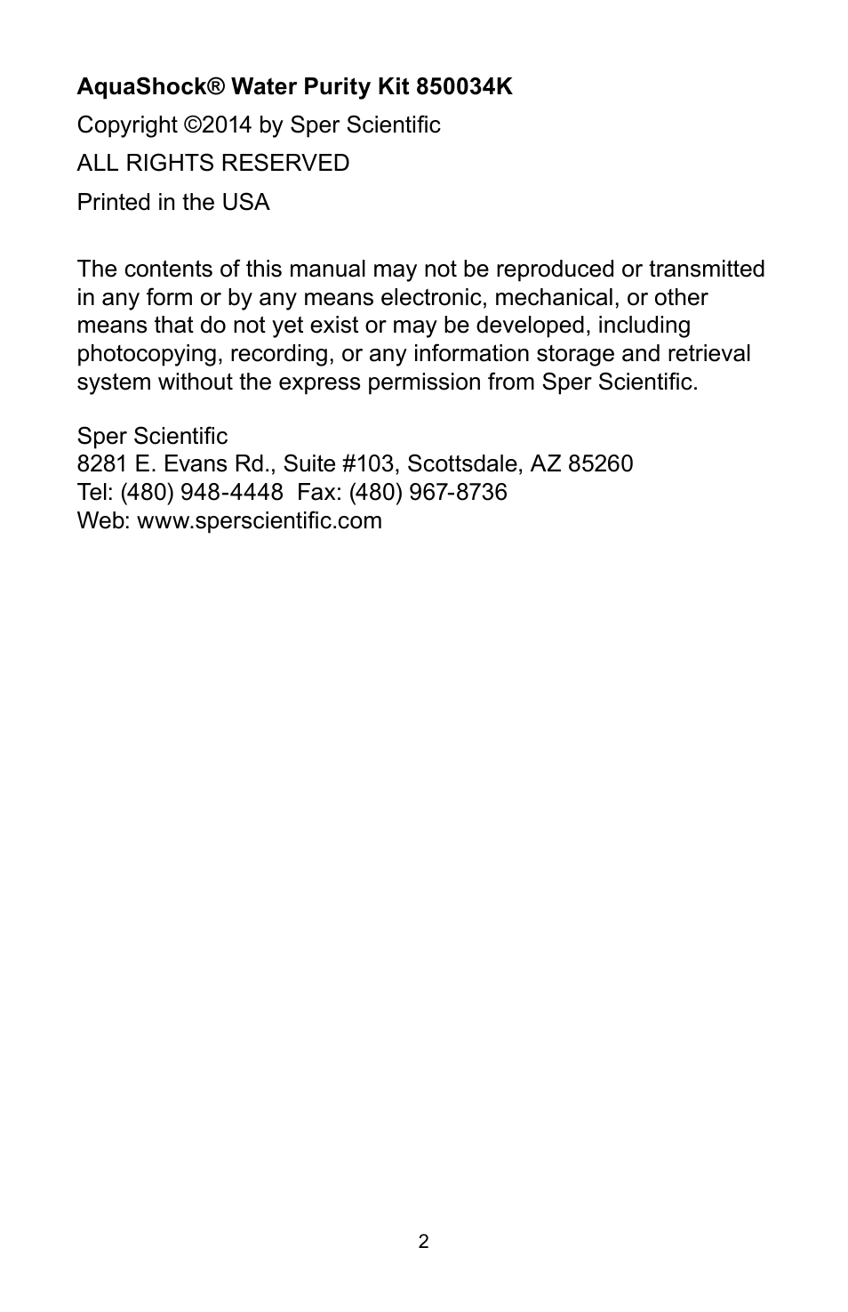 Sper Scientific 850034K AquaShock® Water Purity Kit User Manual | Page 2 / 24
