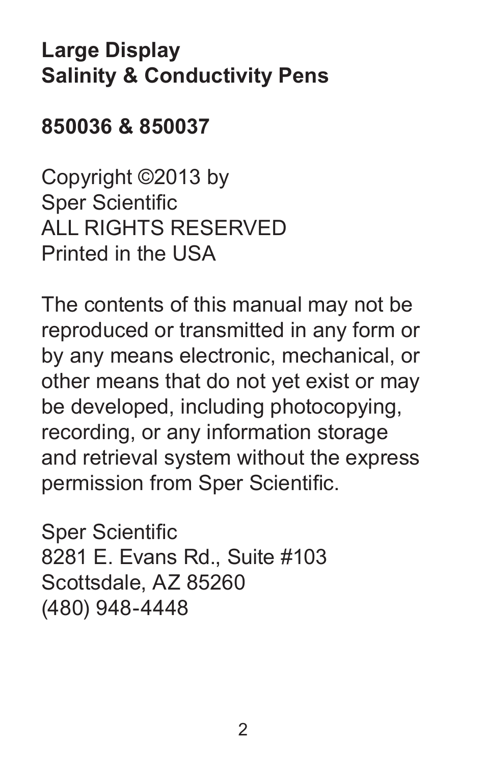 Sper Scientific 850037 Large Display Conductivity Pen User Manual | Page 2 / 56