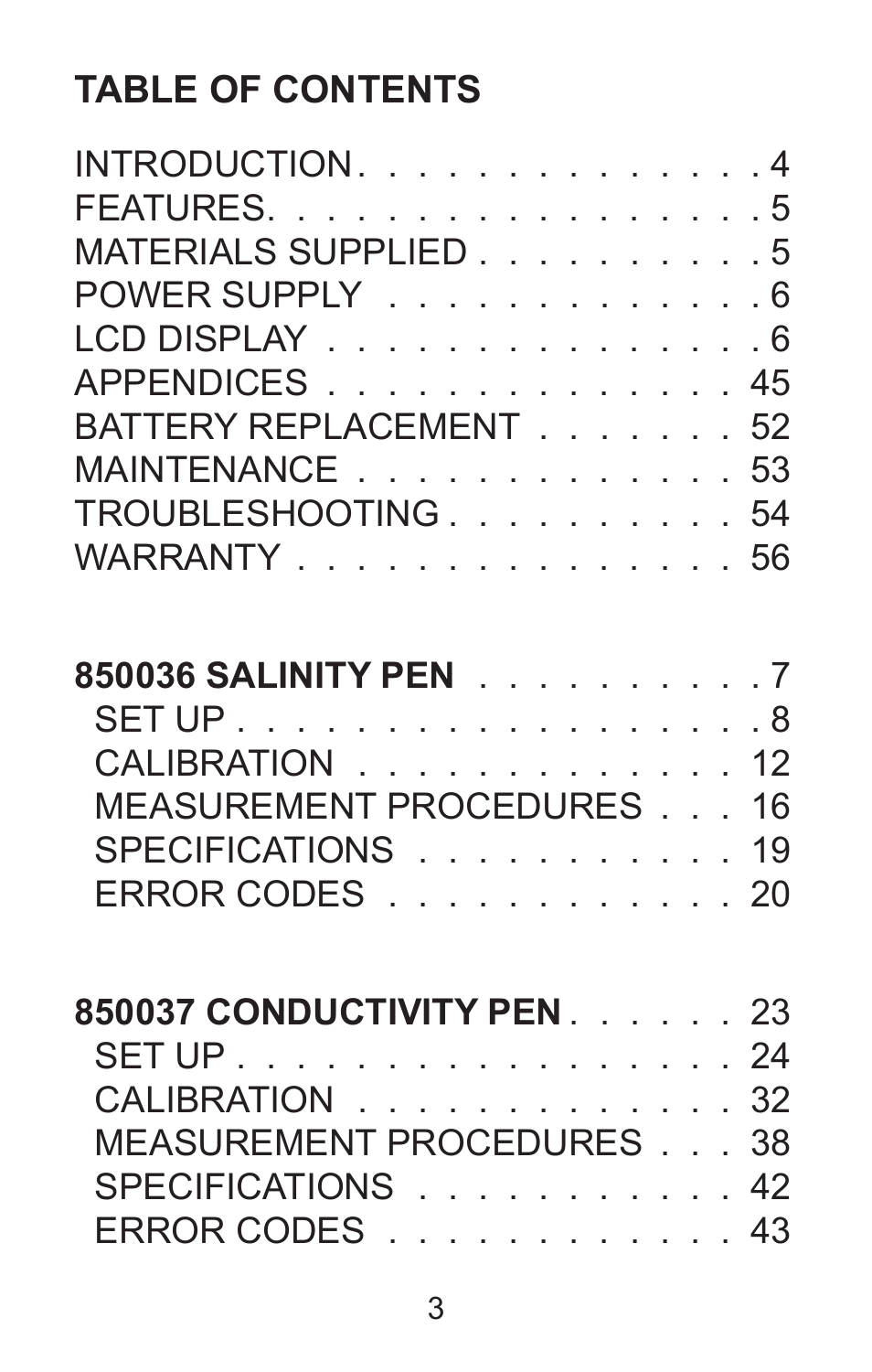 Sper Scientific 850037 Large Display Conductivity Pen User Manual | Page 3 / 56