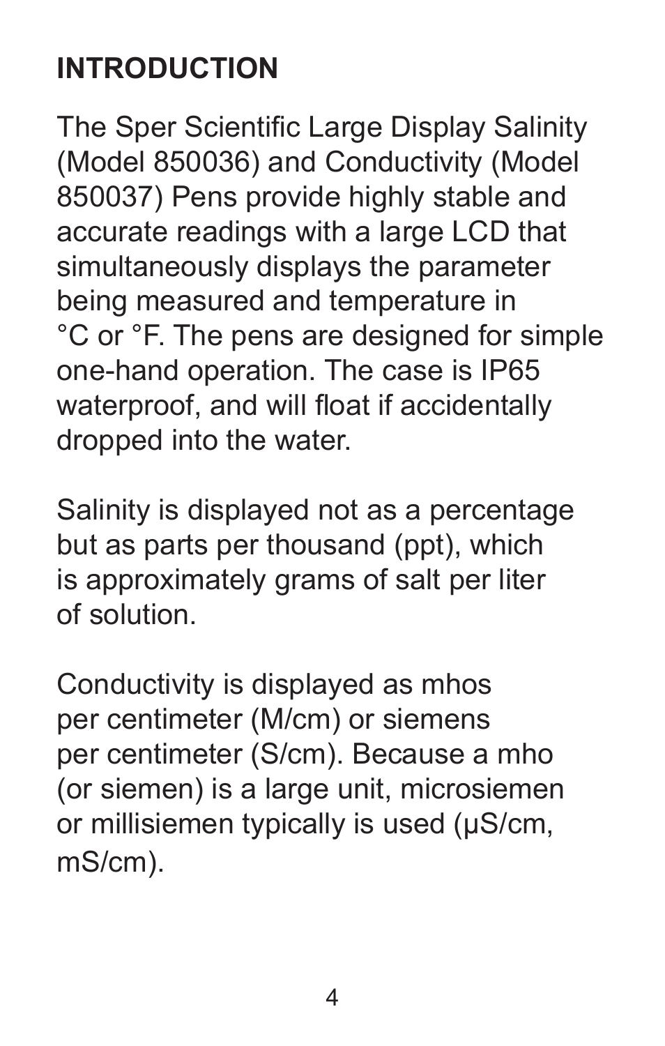 Sper Scientific 850037 Large Display Conductivity Pen User Manual | Page 4 / 56