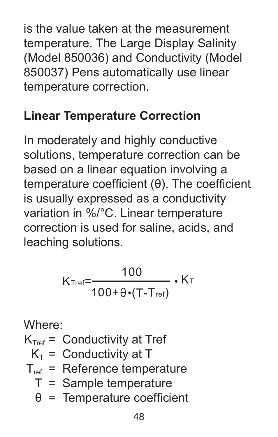 Conductivity at tref k, Conductivity at t t, Appendix d: temperature effect | Sper Scientific 850037 Large Display Conductivity Pen User Manual | Page 48 / 56