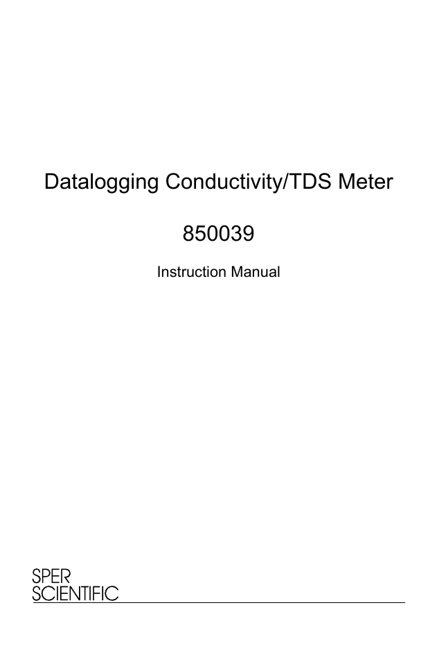Sper Scientific 850039 Conductivity TDS Meter - Datalogging User Manual | 12 pages