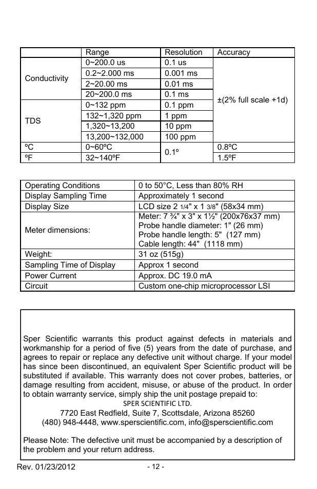 Sper Scientific 850039 Conductivity TDS Meter - Datalogging User Manual | Page 12 / 12