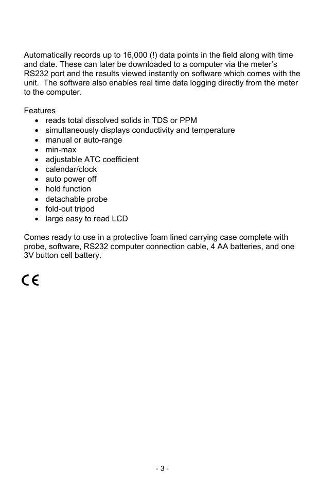 Sper Scientific 850039 Conductivity TDS Meter - Datalogging User Manual | Page 3 / 12