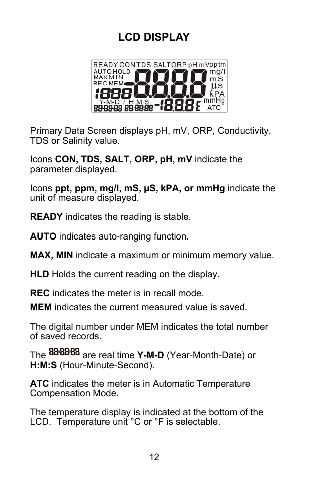 Lcd display | Sper Scientific 860031 pH - mV Bench-Top Meter User Manual | Page 12 / 72