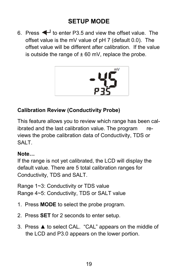 Setup mode | Sper Scientific 860031 pH - mV Bench-Top Meter User Manual | Page 19 / 72