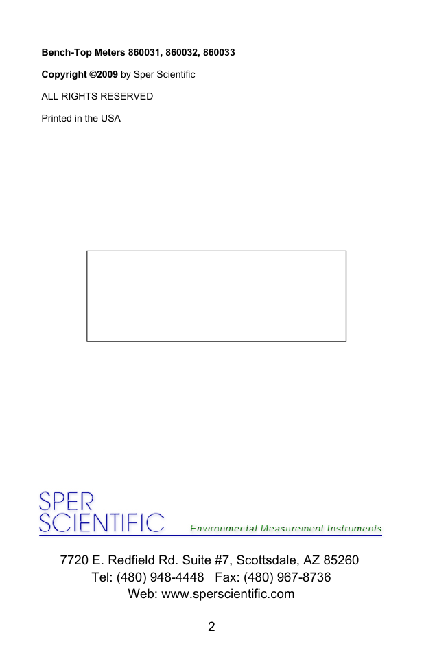 Sper Scientific 860031 pH - mV Bench-Top Meter User Manual | Page 2 / 72