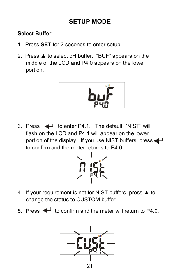 Setup mode | Sper Scientific 860031 pH - mV Bench-Top Meter User Manual | Page 21 / 72