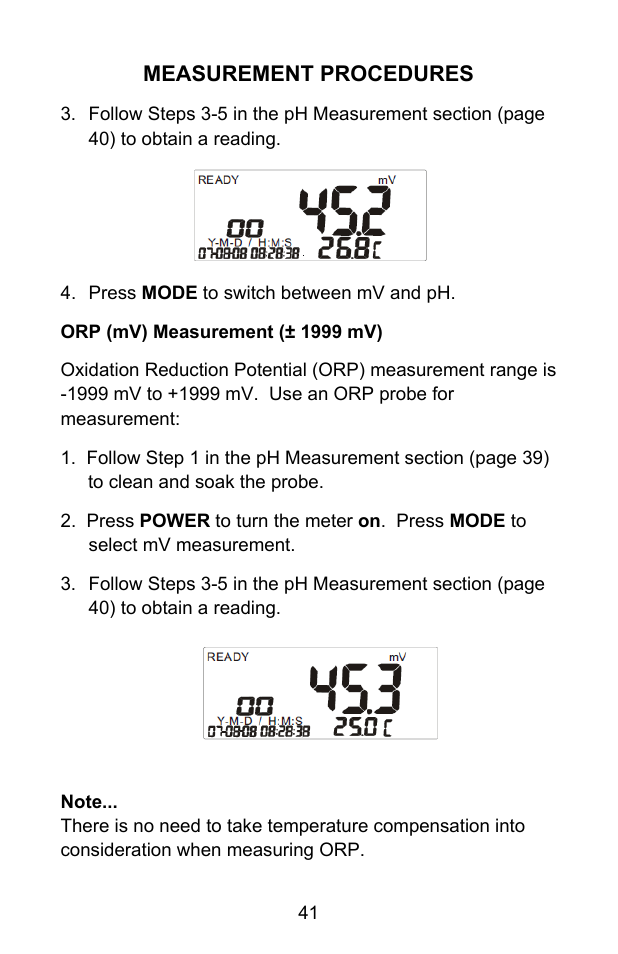 Measurement procedures | Sper Scientific 860031 pH - mV Bench-Top Meter User Manual | Page 41 / 72