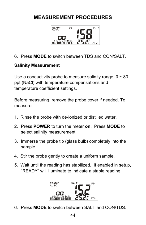 Measurement procedures | Sper Scientific 860031 pH - mV Bench-Top Meter User Manual | Page 44 / 72