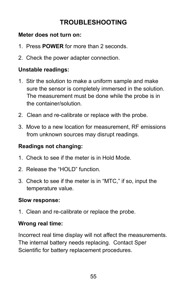 Troubleshooting | Sper Scientific 860031 pH - mV Bench-Top Meter User Manual | Page 55 / 72