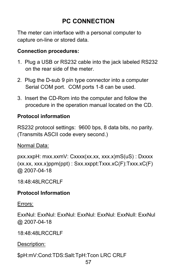 Pc connection | Sper Scientific 860031 pH - mV Bench-Top Meter User Manual | Page 57 / 72