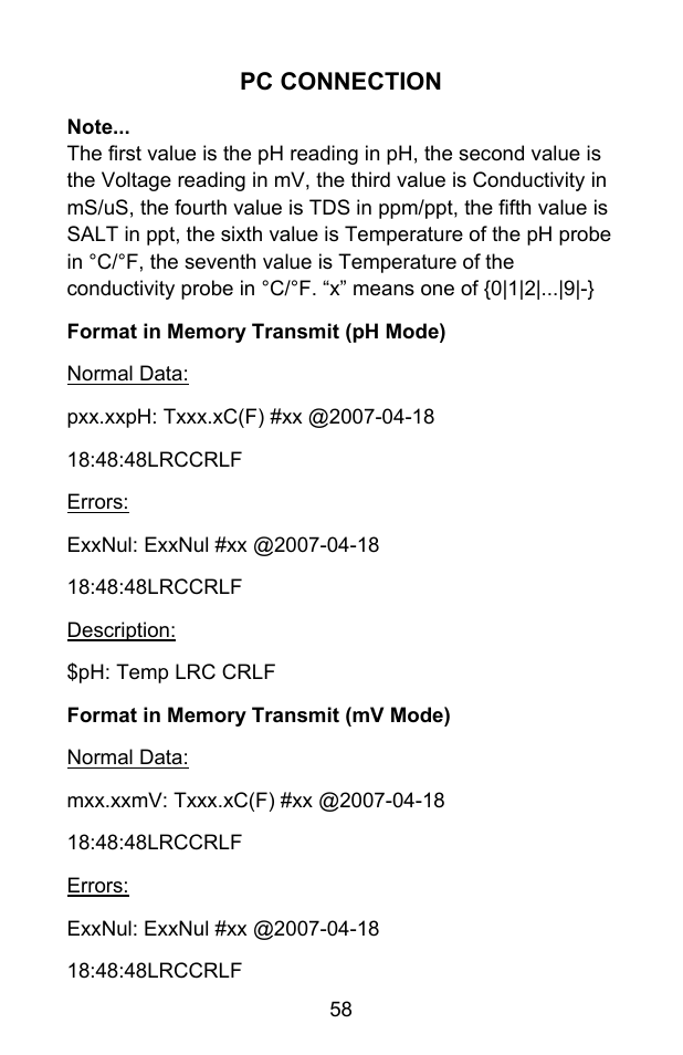 Pc connection | Sper Scientific 860031 pH - mV Bench-Top Meter User Manual | Page 58 / 72