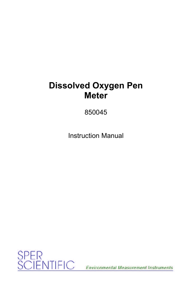 Sper Scientific 850045 Dissolved Oxygen - DO Pen User Manual | 16 pages